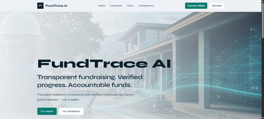 FundTrace AI landing page — transparent fundraising interface