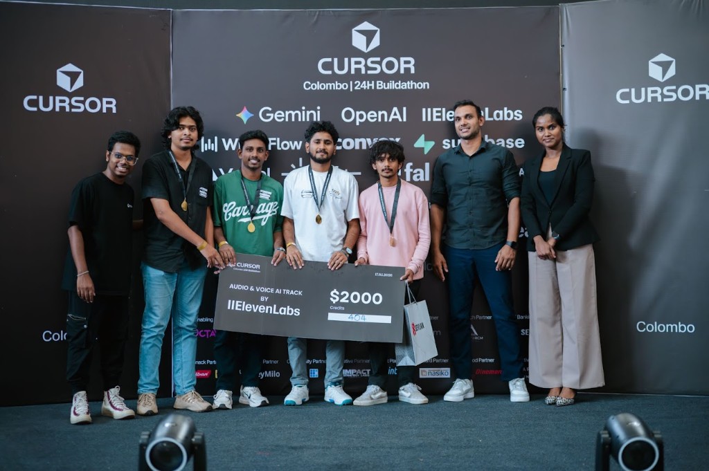 404 team winning First Place at Cursor Buildathon Colombo with the VeLLo prize check